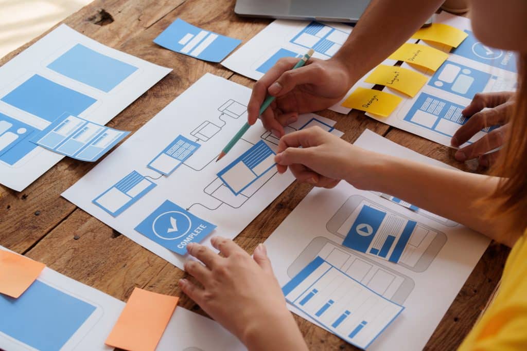 B2B form design process with user experience wireframes and conversion flow mapping on wooden desk