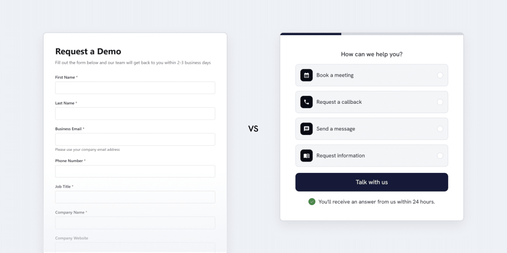 Traditional contact form versus multi step form showing how multi step forms reduce friction and build psychological momentum